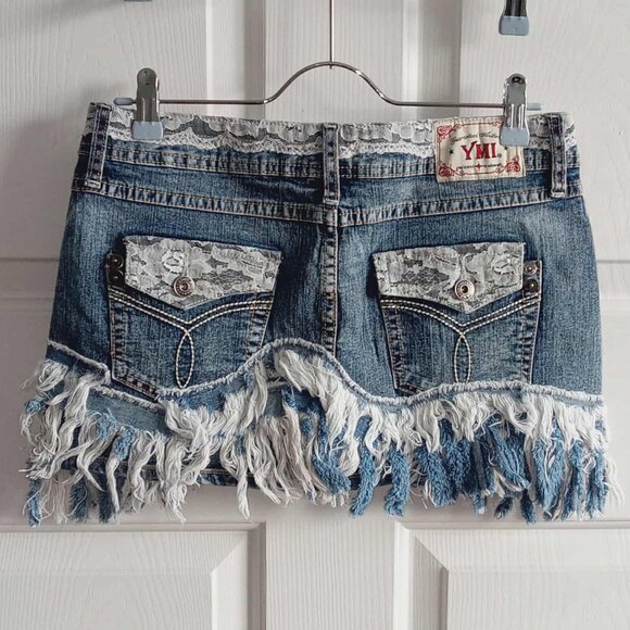 YMI Distressed Lace & Fringe Micro Denim Skirt - Picture 2 of 8